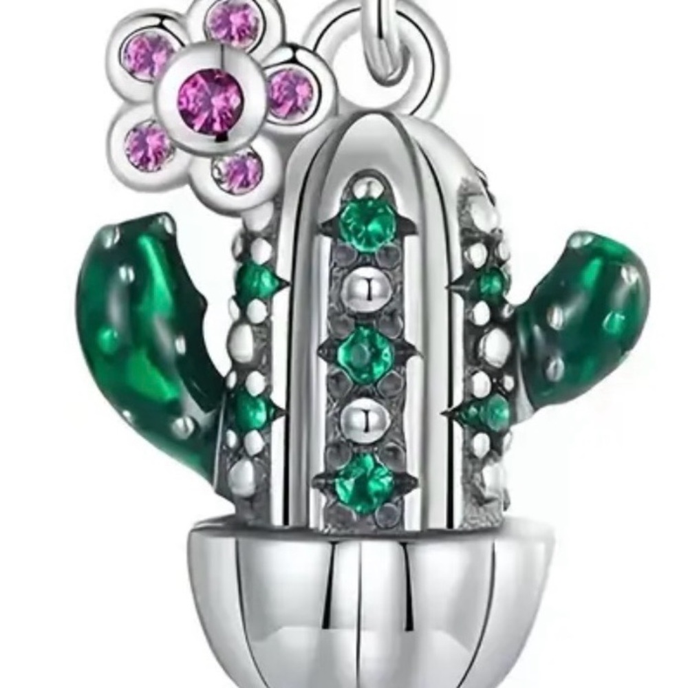 Silver and Green Cactus Charm with Pink Flower